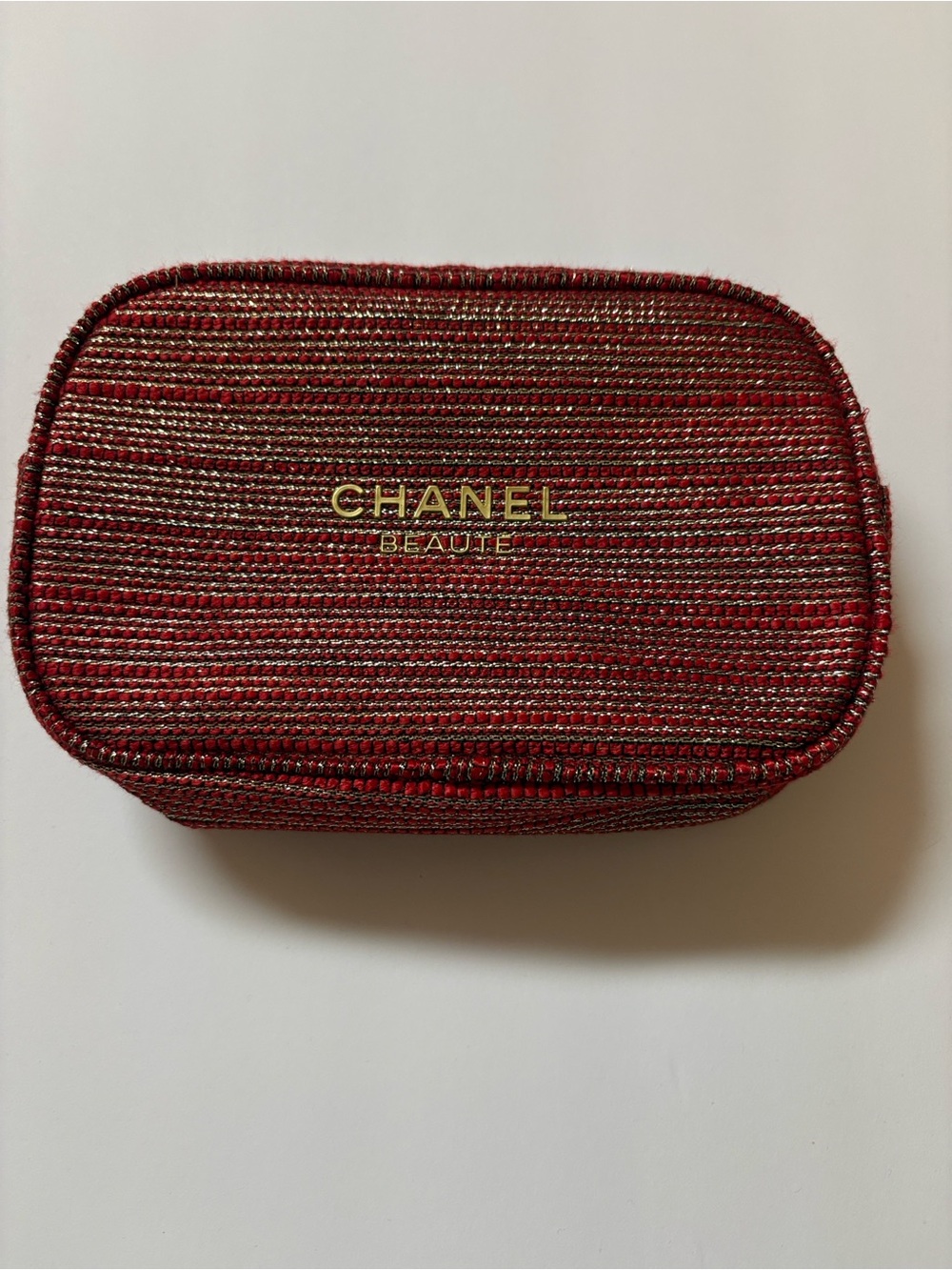 CHANEL Red Tweed Beauté Cosmetic Case with Gold Logo